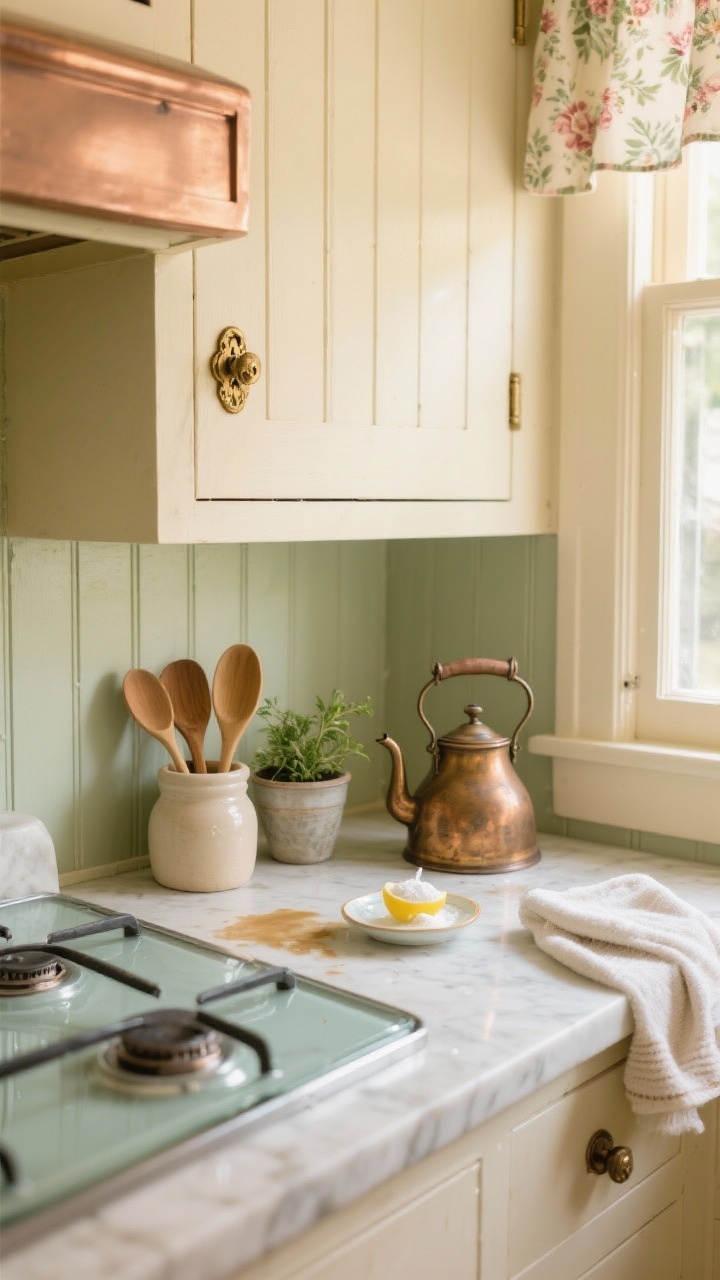 Closeup detail shot of cottage charm: creamy stone counter with a gleaming glass cooktop, buttermilk cabinet front with antique brass latch in focus, beadboard texture visible, floral cafe curtains softly blurred. On the counter, a small crock of wooden spoons, a vintage-style kettle, and a tiny herb pot. Show a small dish of baking soda mixed with lemon juice being a light paste on a faint stain area, water rinse cloth and dry towel nearby. Warm, cozy sunlight and soft sage tones, subtle copper accent in frame.