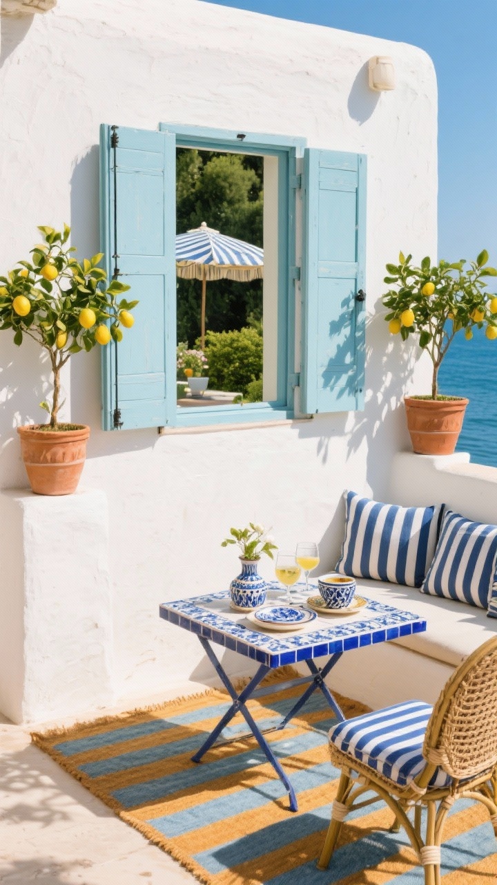 Corner angle, Mediterranean terrace: shuttered mirror painted faded duck-egg blue mounted on a whitewashed, limewashed wall; shutters partially open to reflect greenery; lemon trees in terracotta flanking the mirror; below, a blue-and-white tiled bistro table set for aperitifs; layered ceramics, striped outdoor cushions on nearby seating, woven parasol casting patterned shade; striped outdoor rug in ochre and sea blue; sun-baked hues with strong coastal light; photorealistic, no people.