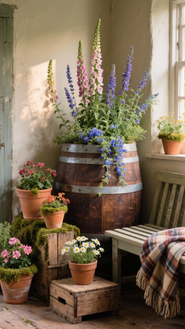 Corner-angle medium shot: a half whiskey barrel stained deep walnut showcasing metal hoops, planted with layered foxglove spires, lavender, catmint, and trailing blue lobelia; clustered hand-thrown terracotta pots with mossy rims hosting geraniums in varied hues; a vintage wooden crate acting as a step stool for a smaller pot of chamomile; slatted bench with a plaid wool throw completing a cozy cottage corner; materials of oak barrel, terracotta, aged crates; warm late-afternoon light, richly scented cottagecore mood, no people, photorealistic.