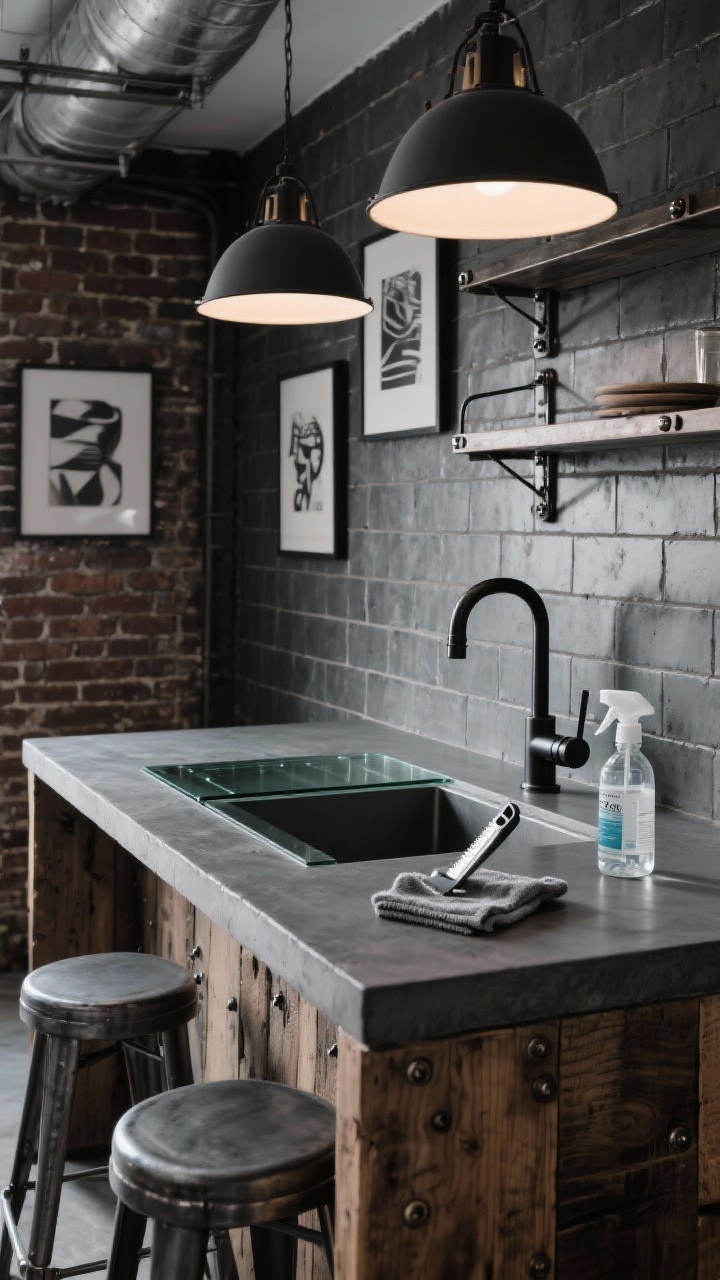 Corner-angle medium shot of an urban loft kitchen: charcoal concrete countertops, exposed brick or brick-look tile wall, gunmetal hardware with exposed fasteners, reclaimed wood island paired with steel stools. The glass cooktop sits beside a graphite sink and a black industrial faucet, looking edgy and intentional. Include a razor scraper held at 45 degrees placed on the cooled cooktop (no hands), plus a spray bottle of glass cleaner and microfiber cloth nearby. Industrial pendants overhead, moody contrast, framed abstract prints and metal shelves in background.