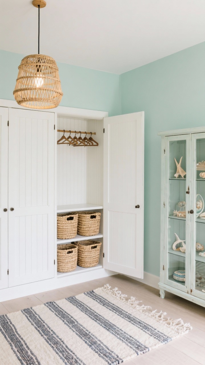 Corner angle, medium-wide coastal wardrobe bay: pale seafoam walls, white beadboard cabinetry with woven seagrass baskets neatly stored, pull-out valet rods presenting a capsule look; a striped flat-weave rug underfoot and a rattan pendant casting warm light; a glass-front armoire displaying an edited selection like beachy treasures; breezy, relaxed vibe, photorealistic.