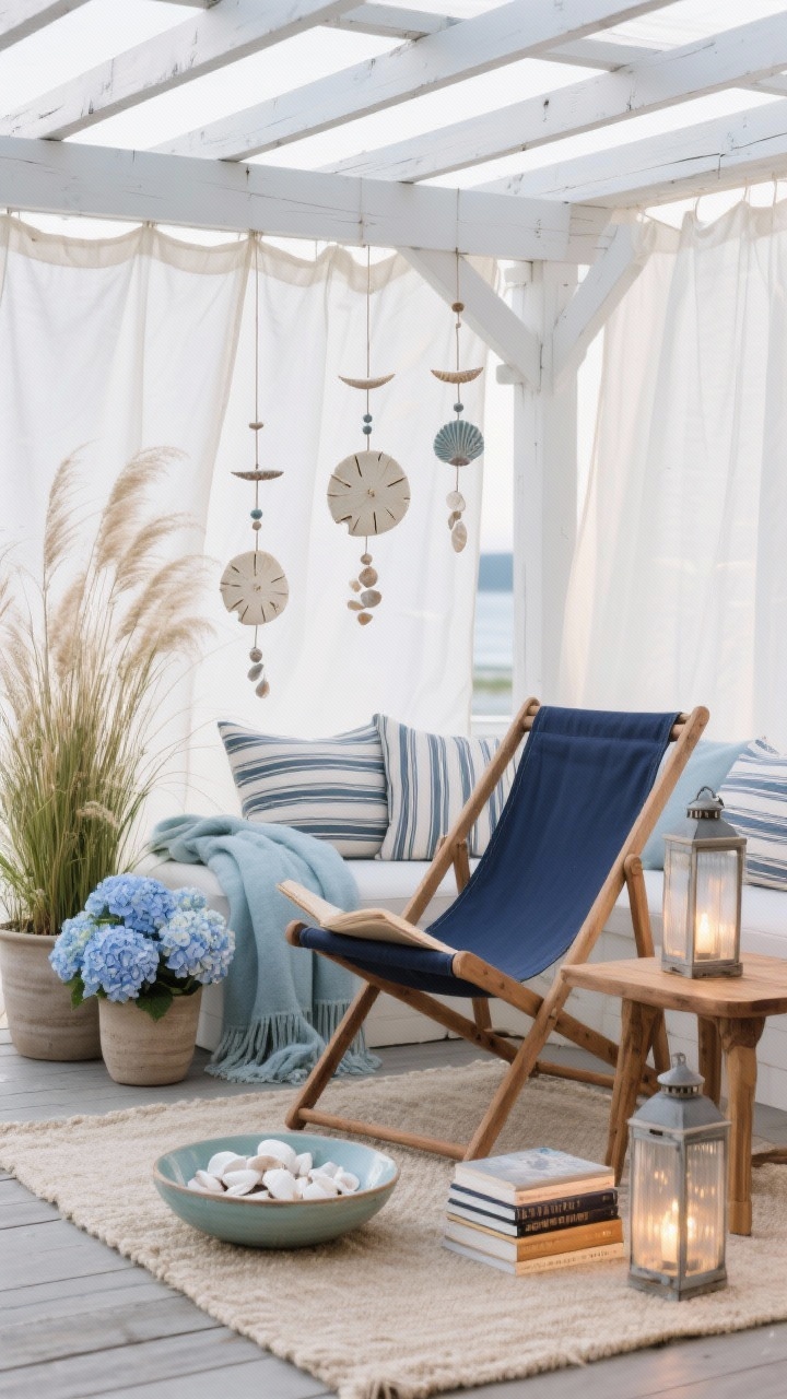Cozy medium shot under a whitewashed pergola draped with sailcloth panels: a shaded reading nook featuring a navy canvas sling lounge chair, teak side table, and an oatmeal-toned soft outdoor rug; trio of shell wind chimes—sand dollars, scallops, and tumbled shell chips—hanging and lightly touching in a breeze; striped pillows and a pale blue throw; tall grasses (miscanthus or feather reed) and potted soft blue hydrangeas in planters; shallow bowl of white shells centerpiece and a small stack of books; battery lanterns with frosted glass providing gentle evening light; serene nautical mood; photorealistic, no people.