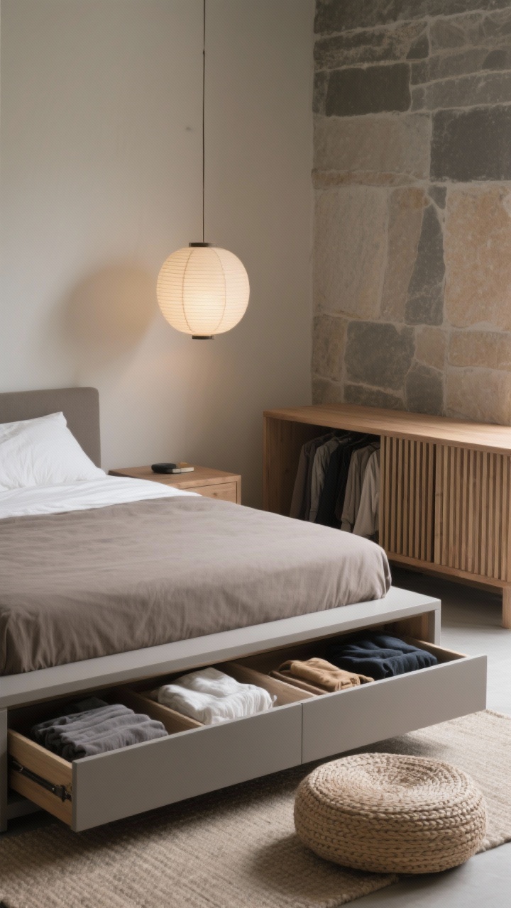 Detail closeup at bed level of Japandi storage: matte taupe platform bed with open under-bed drawers revealing neatly folded off-season clothes, adjacent slatted ash sideboard used as a folding station; palette of stone, sand, and charcoal; a softly glowing paper lantern pendant overhead and a woven floor cushion nearby; serene, low-profile, calm mood, photorealistic.