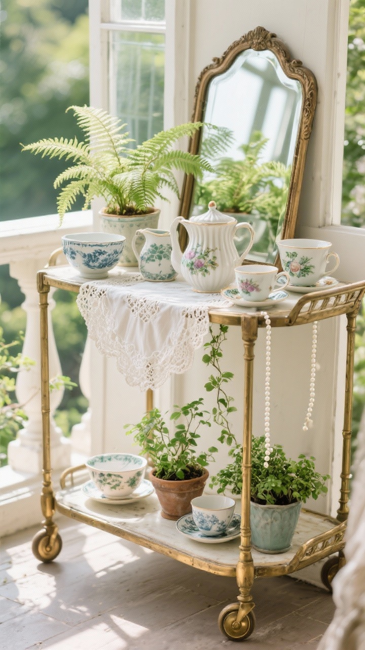 Detail closeup from a balcony conservatory: an antique tea trolley with brass wheels, top and lower shelves styled with mismatched transferware bowls, ironstone pitchers, and teacups repurposed as tiny planters; delicate ferns, maidenhair, baby’s tears, and mini English ivy, with a trailing string-of-pearls spilling from a fluted sugar bowl; lace runner beneath, beveled mirror propped behind reflecting greenery to amplify light; whimsical Victorian charm in bright indirect daylight; textures of porcelain glaze and fine lace, no people, photorealistic.