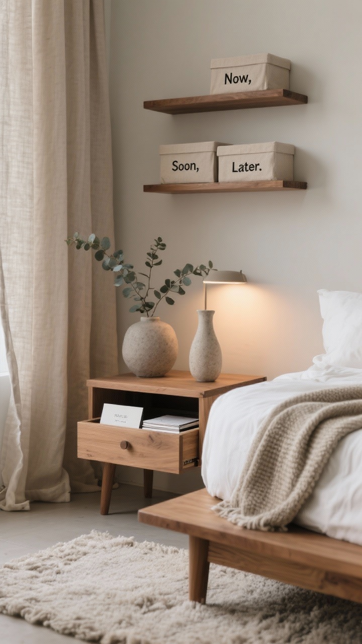 Detail closeup of a minimalist bedroom nightstand: warm oak platform bed with crisp white bedding and a single textured throw; slim nightstand drawer partially open revealing soft-close paper storage for journals, letters, and to-do notes. Above, floating shelves with three linen-bound boxes labeled “Now,” “Soon,” “Later.” Pale wool rug texture visible, linen drapes in soft beige, a stone lamp, ceramic carafe, eucalyptus stems in a matte vase. Soft, zen evening light; serene, uncluttered mood.