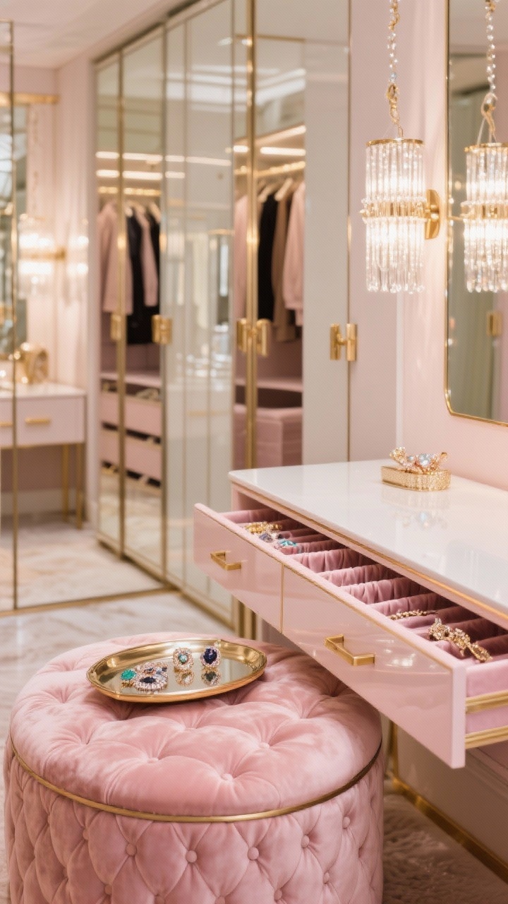 Detail closeup of glam dressing room luxuries: a plush blush velvet ottoman with a tray holding jewelry, reflections from a wall of mirrored wardrobes in the background; palette of soft blush, champagne, and polished brass accents; part of a lacquered dresser edge visible with velvet-lined drawer inserts for accessories; linear chandelier glow creating refined sparkle, photorealistic.