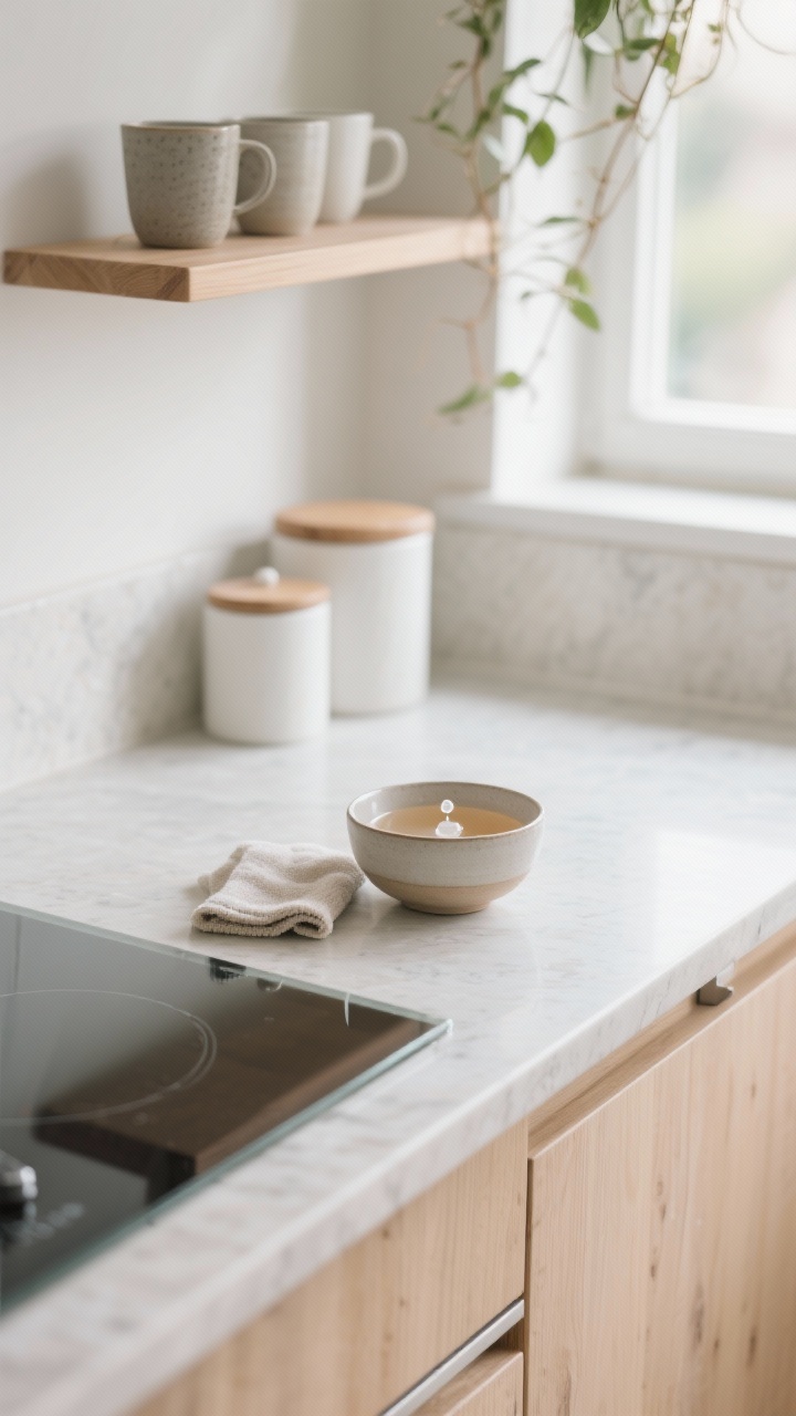 Detail closeup of Scandinavian warmth: pale composite stone counter edge with a glass cooktop, light birch cabinet face and slim oak or white powder-coated pull in frame, oak open shelves blurred in the background with simple stoneware mugs and matte white canisters. Soft natural daylight, plants trailing near a window out of focus. Show a small bowl of warm water with a few drops of gentle dish soap and a microfiber cloth wiping and then buffing, with delicate reflections and soft textures.