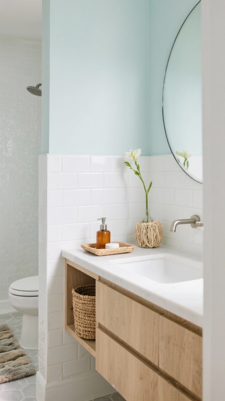 Detail closeup, slightly angled: A coastal calm bathroom vignette focusing on matte white zellige shower tiles with soft shimmer alongside a wall painted pale seafoam. Foreground shows a light oak floating vanity corner with a tray holding an amber soap dispenser, a small sea grass basket for skincare, and a single stem in a bud vase on the countertop. Include a glimpse of a frameless round mirror edge and brushed nickel hardware, plus the stone bath rug below. Soft spa-like lighting; accents of white, light oak, and brushed nickel; serene, hotel-level mood; no people.