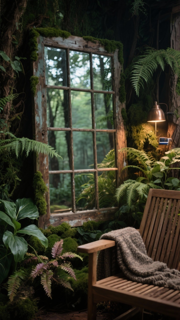 Detail closeup, woodland hideaway: vintage panel mirror with weathered wood frame nestled between lush ferns, hostas, and heuchera; subtle faux/natural moss creeping around the mirror’s edges blending into greenery; dappled forest light reflected in the panes; corner of a slatted teak chair arm with a wool blanket draped over it; deep greens, bark brown, touches of bronze in accessories; discreet solar spot casting a gentle twilight glow on the mirror; photorealistic, moist forest textures and soft shadows.