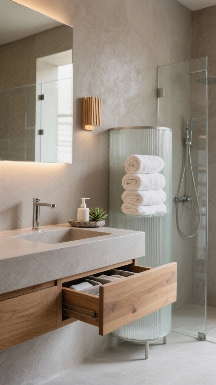Detail closeup, zen spa bathroom minimal: microcement wall meets floating oak vanity with flat-front drawers; frameless glass shower edge in background; countertop nearly bare—stone tray with soap pump and tiny succulent; drawer slightly open showing tidy organizers; tall linen tower with fluted glass doors softly obscuring stacked rolled towels; palette of warm gray, putty, natural wood with brushed nickel; backlit mirror glow and small wood-slat sconce; calm, quiet spa mood; photorealistic.