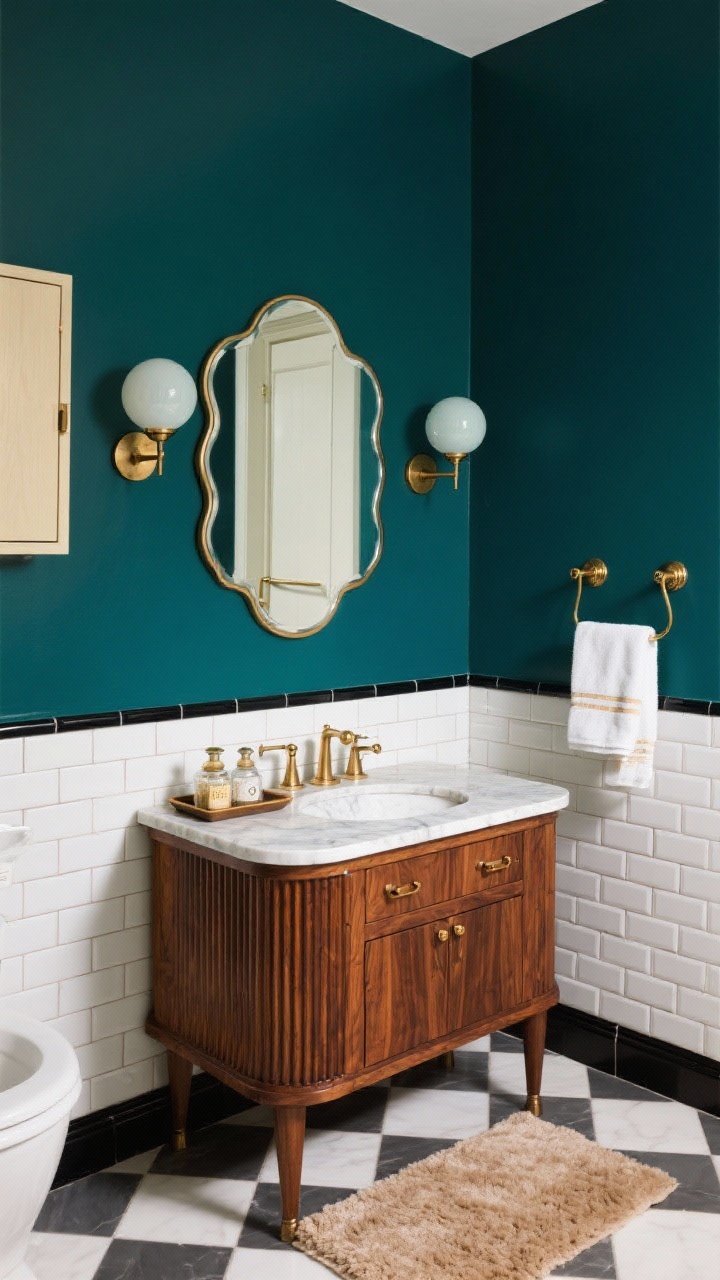 Detail/medium, Art Deco Glam Bathroom: emerald (or navy) painted walls above classic white subway tile with black pencil trim. A walnut fluted vanity with brass hardware and a marble countertop holds a small tray with apothecary jars; a recessed medicine cabinet is visible. A scalloped-edge mirror and opal glass globe sconces flank the vanity. Checkerboard floor tile in white and charcoal adds graphic elegance. A hotel-style towel rack with matching brass hooks and a plush bath mat complete the scene. Polished, luxe lighting, photorealistic, no people.