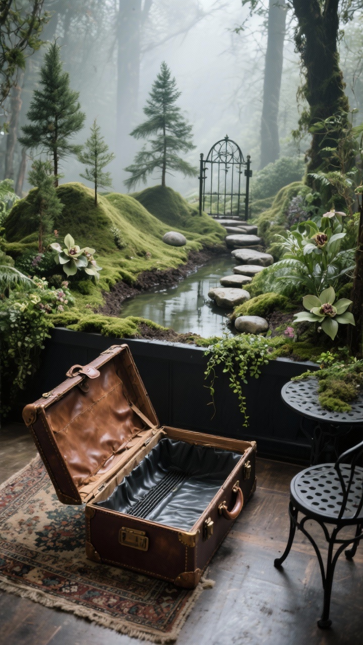 Detail overhead/three-quarter shot: an open leather-bound steamer trunk repurposed as a woodland garden, interior lined with pond liner, drainage layers visible at edges, soil mounded into mini hills and valleys; tiny forest planting of dwarf conifers, carpets of moss, hellebores, and creeping Jenny spilling over the rim; miniature iron gate tucked among greenery and river stones forming stepping paths; trunk placed on a faded kilim beside a black metal bistro chair; enchanted, textural, quietly dramatic mood in soft overcast light, no people, photorealistic.