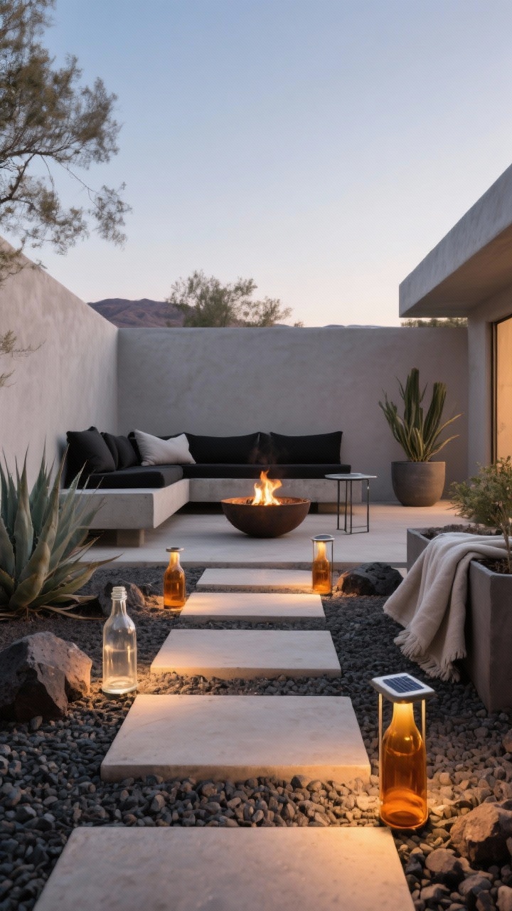 Low-angle path view at dusk, modern desert courtyard: geometric stepping stones through gravel beds with agave and volcanic rock mulch, leading to a low fire bowl near a concrete bench with black outdoor cushions and a steel side table. Upcycled clear, smoke, and amber glass bottles form sleek solar pathway lights—bases buried, necks topped with warm LEDs—casting minimal, warm pools of light. Matte planters and linen throws present; color palette sand, charcoal, smoke, amber; clean, minimalist vibe, photorealistic.