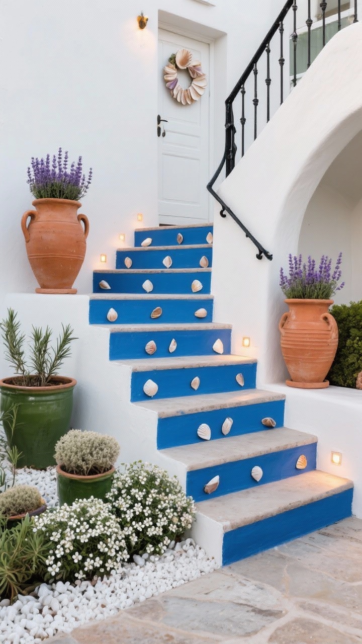 Medium, angled stairway garden view: outdoor steps with risers painted deep Aegean blue, each riser featuring a thin ribbon of embedded small shells—cockles and tiny scallops—providing subtle shimmer; flanked by terracotta urns and olive-green planters filled with lavender, rosemary, and Santolina; ground-level white alyssum spilling over edges to soften lines; matte black iron handrail for contrast; warm step lights highlighting shell details; if visible beyond, a crisp white door with a shell wreath; vibrant Mediterranean-meets-coastal feel; photorealistic, no people.