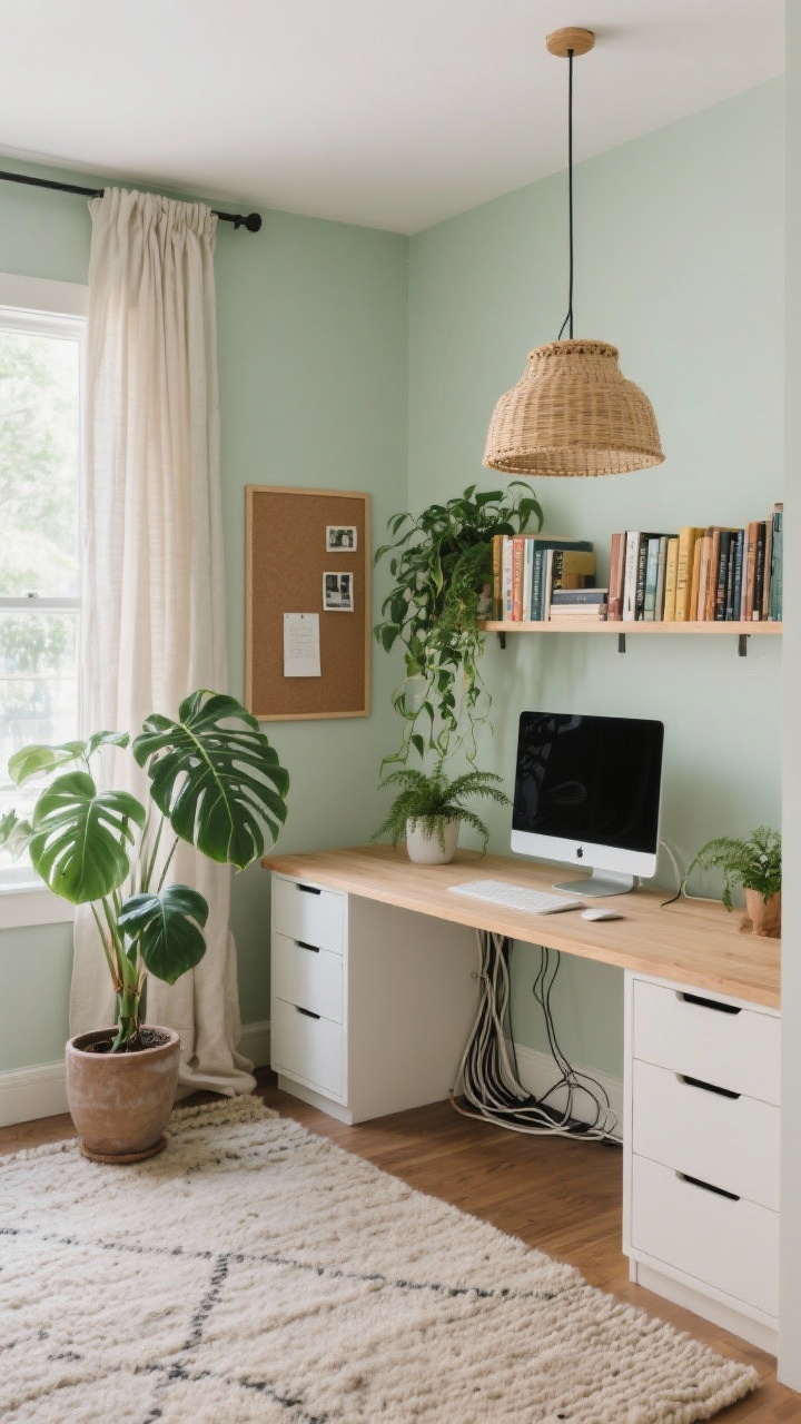 Medium, Biophilic Home Office: soft sage walls and a white oak desk positioned near a window with gentle natural light filtered by linen curtains. Storage includes slim, closed-door cabinets flanking one open shelf with a curated row of books. Layered plants: monstera in a floor pot beside the desk, trailing pothos draping from the open shelf, and a tiny fern near the monitor. Cable trough hides cords; drawer dividers slightly visible in an open drawer. A wool felt pinboard on the wall, rattan pendant overhead, neutral flatweave rug defines the zone. Fresh, organic feel, photorealistic, no people.