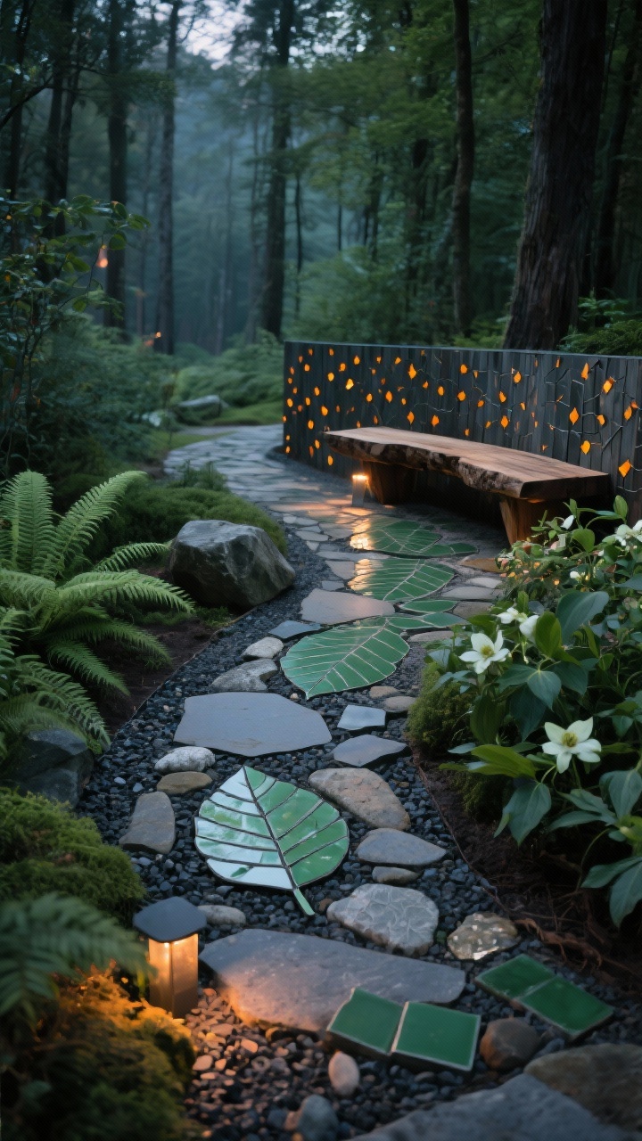Medium, forest path corner-angle at dusk: a meandering flagstone path with leaf-shaped mosaic inlays made of bottle-green matte tile and polished river stones set in compacted gravel; ferns, hosta, and hellebores flanking the path; a rough-hewn wooden bench at the bend, backed by a live-edge panel dotted with tiny amber mosaic “fireflies” glowing softly; low-voltage path lights catching the shimmer on stones; palette of moss green, charcoal, amber, slate; materials include river stone, cedar, weathered steel; photorealistic.