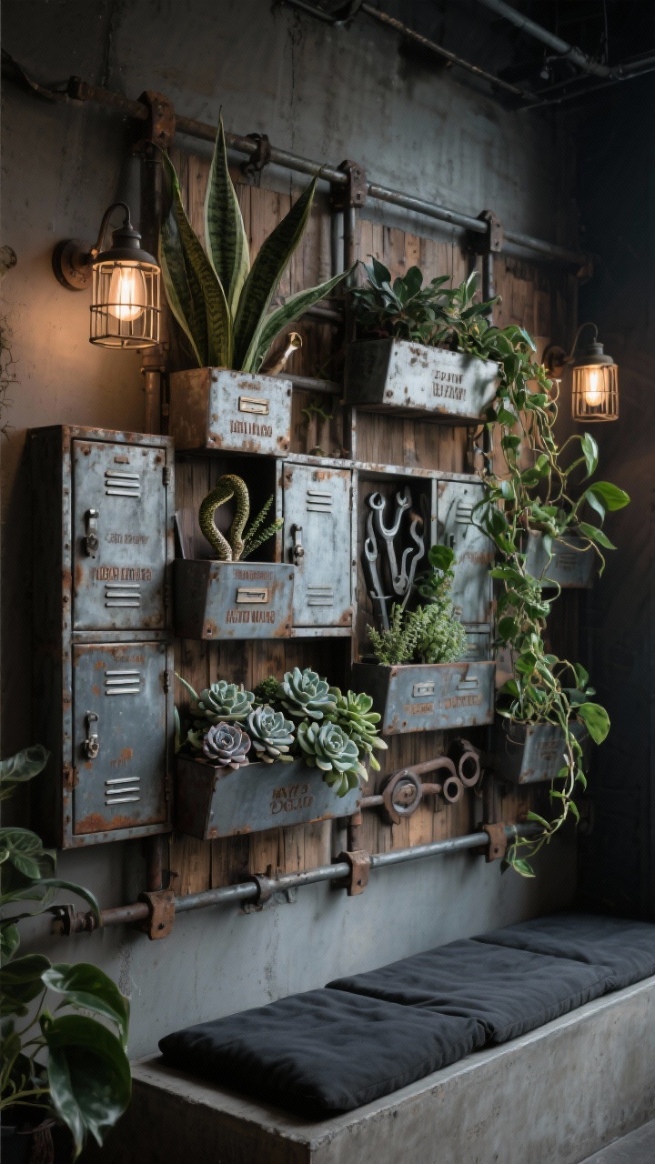 Medium frontal view of a planter wall: vintage metal locker drawers and tool caddies mounted on reclaimed scaffolding planks in a staggered grid, depths varied for a sculptural effect; raw steel left visible with rust, stamps, and wear; planted with snake plant, ZZ plant, chunky sedums, echeveria rosettes, and trailing philodendron cascading down; a few industrial-style cage lights integrated on a dimmer casting a moody evening glow; concrete bench below with charcoal cushions; urban industrial cool, no people, photorealistic.