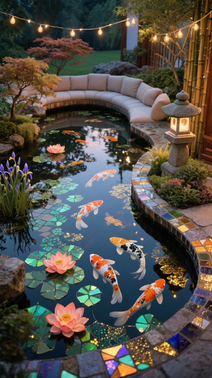 Medium overhead angle of a storybook reflecting pond at dusk: pond floor lined with mosaic koi and lotus in coral, orange, jade, and gold using iridescent glass tiles that shimmer beneath the water; curved mosaic seating hugging the pond’s shape; border plantings of dwarf Japanese maples and water irises; a stone lantern nearby; delicate festoon lights strung overhead reflecting on the surface; textures of glass tile, smooth stone, bamboo and lacquered wood accents; photorealistic, magical ambience.