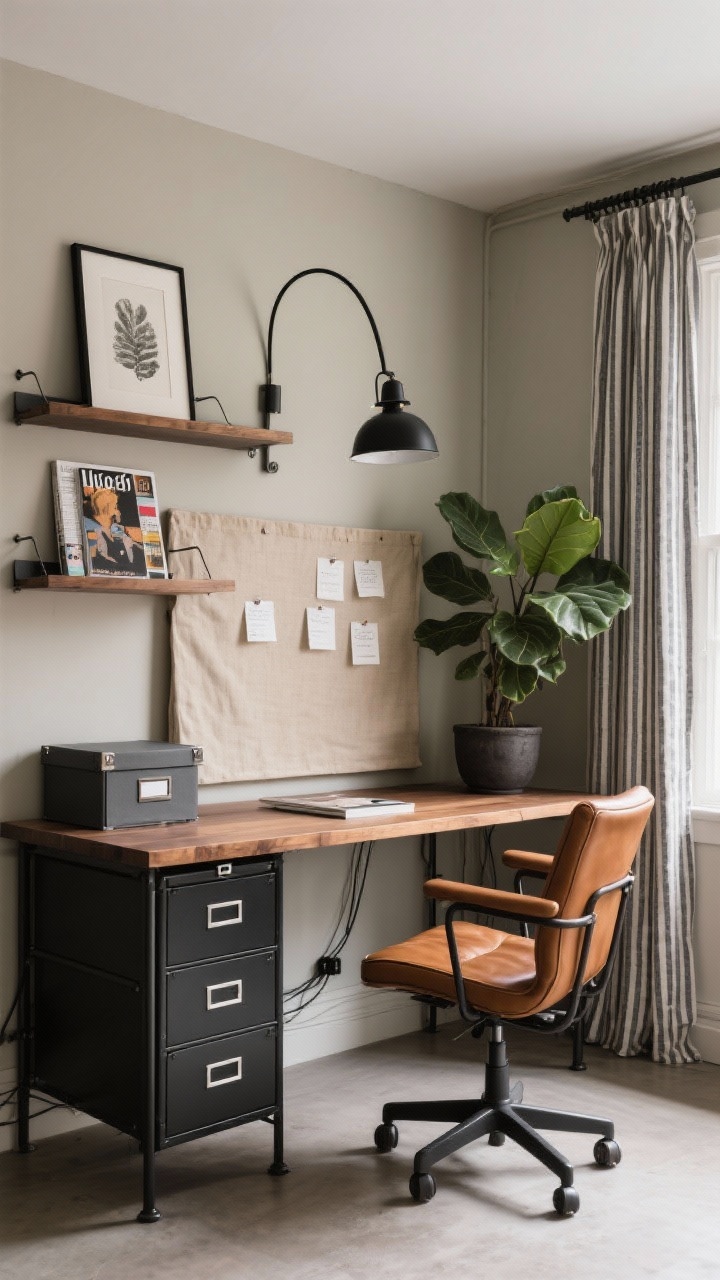 Medium shot, artful industrial home office workspace: black metal desk with warm walnut top, charcoal filing cabinet, floating shelves with ledges holding magazines and framed art; greige wall softening the metal; cables hidden via cord trough and grommets; linen file boxes matching wall color on lower shelf; cognac leather task chair; oversized natural linen pinboard with neatly pinned notes; black arc lamp arcing over the desk, striped cotton curtain at window, planter with tall fiddle leaf fig; creative and grounded; photorealistic, angled perspective.