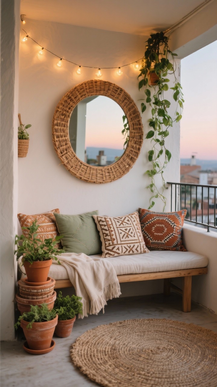 Medium shot, boho balcony: rattan-framed round mirror centered on the wall behind a low bench layered with block-printed cushions and a cotton throw; potted herbs in stacked terracotta pots, a jute rug underfoot; color palette of sand, sage, and rust; trailing pothos draping near the mirror; a strand of warm fairy lights hung above the mirror reflecting softly in dusk light; compact balcony railing in view, relaxed global vibe; photorealistic, no people.
