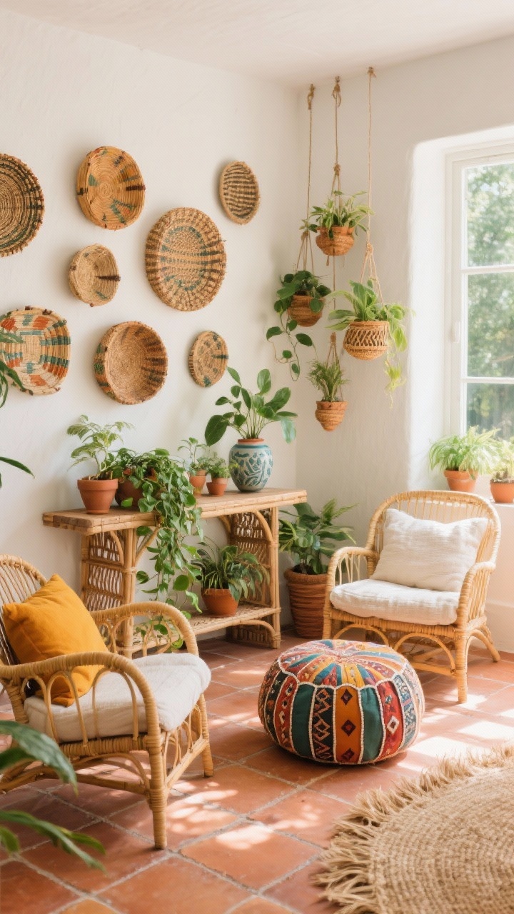 Medium shot, Boho Sunroom With Textured Botanicals: Rattan lounge chairs with chunky cushions arranged on a terra-cotta tiled floor, a colorful Moroccan pouf centered; a cane console supporting cascading pothos and ceramic plant pots; a cluster of hanging planters fills a bright corner; a wall gallery of woven baskets creates a textural focal point; palette of saffron, terracotta, sage, and creamy whites; textures of cane, terracotta, cotton slub, and woven grasses; sun-soaked, airy feel; photorealistic, corner angle.