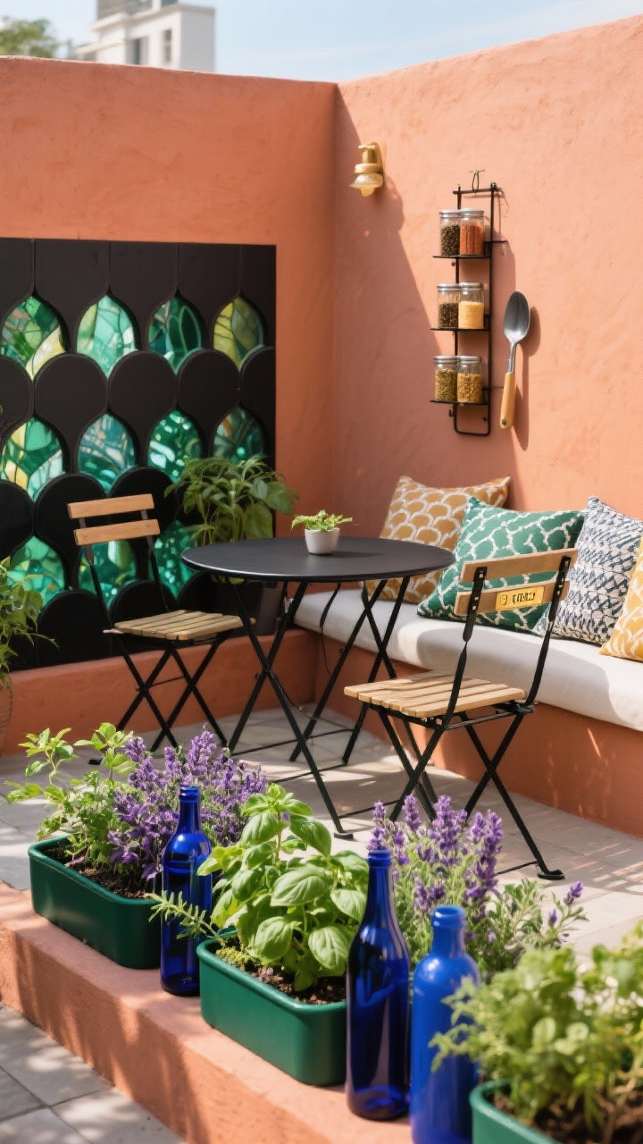 Medium shot, compact herb terrace: raised planters bordered with deep emerald and cobalt bottles placed necks-down in a repeating scallop pattern, sunlight passing through like stained glass onto rows of basil, thyme, and purple sage. A matte black metal bistro table with bentwood folding chairs set against a warm terracotta wall; a slim vertical rack holding spice jars and gardening tools. Accents include brass plant labels and patterned outdoor cushions; color palette terracotta, charcoal, jewel green, cobalt; late-afternoon natural light, photorealistic.