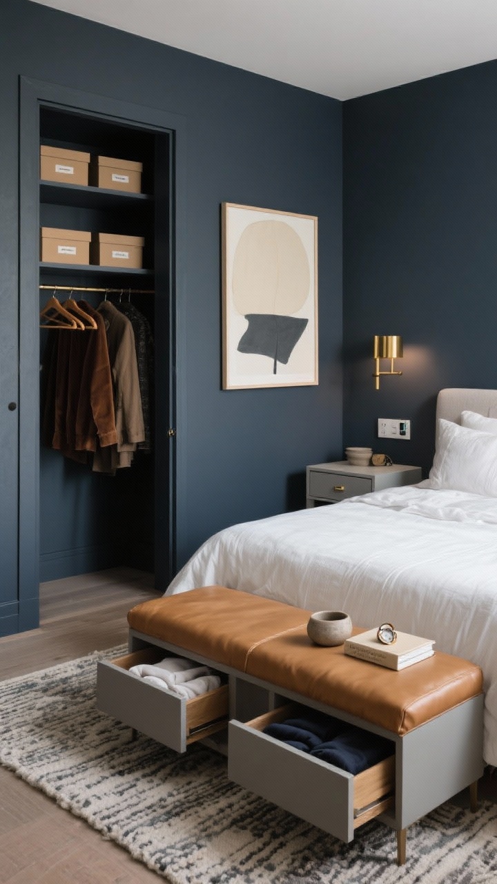 Medium shot from foot of bed: moody modern bedroom with charcoal/deep blue-gray accent wall behind bed; crisp white bedding with a light linen duvet, camel leather bench at the foot; platform bed with built-in drawers slightly open showing neatly folded off-season clothes; wall-mounted nightstands each with a single drawer hiding device chargers via a concealed power strip (cord-free surfaces); hardwired brass sconces with dimmers; closet door ajar showing slim velvet hangers, color-coded zones, labeled boxes on top shelf; one oversized abstract canvas in cream and slate; hand-knotted rug in a quiet pattern, stoneware catchall with a single ring and watch, one hardcover book displayed; soft layered lighting, photorealistic.