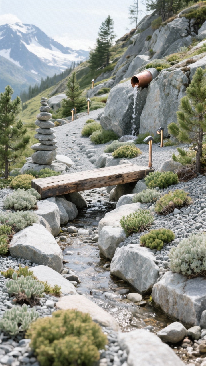 Medium shot, high-altitude crisp light: an alpine rock garden on a slope with scree-like sharp gravel paths and naturally placed granite outcrops. Low-growing sedums, thyme, and cushion plants knit between rocks; dwarf conifers and compact pines punctuate the terrain. A weathered timber bridge crosses a dry creek bed winding downhill, with a copper spout at the top suggesting snowmelt. Stone cairns mark the path; subtle spike lights graze rock faces. Palette: gray granite, pine green, soft silver, chalky whites; materials: granite, sharp gravel, weathered timber, copper.