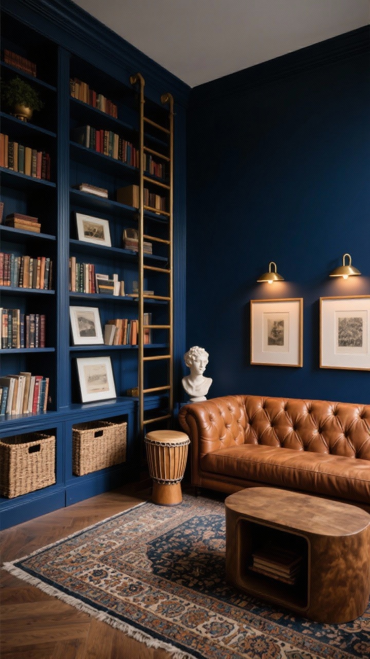 Medium shot, moody library lounge corner: walls and built-ins painted deep inky blue with floor-to-ceiling shelves and library ladder rails; tufted cognac leather sofa fronted by a Persian-style rug; brass picture lights glowing above shelves; woven bins along lower shelves for paperbacks; framed prints leaned inside shelves for layered charm; drum side table with hidden storage and a single sculptural bust nearby; warm, dramatic, curated mood; photorealistic, angled corner perspective.