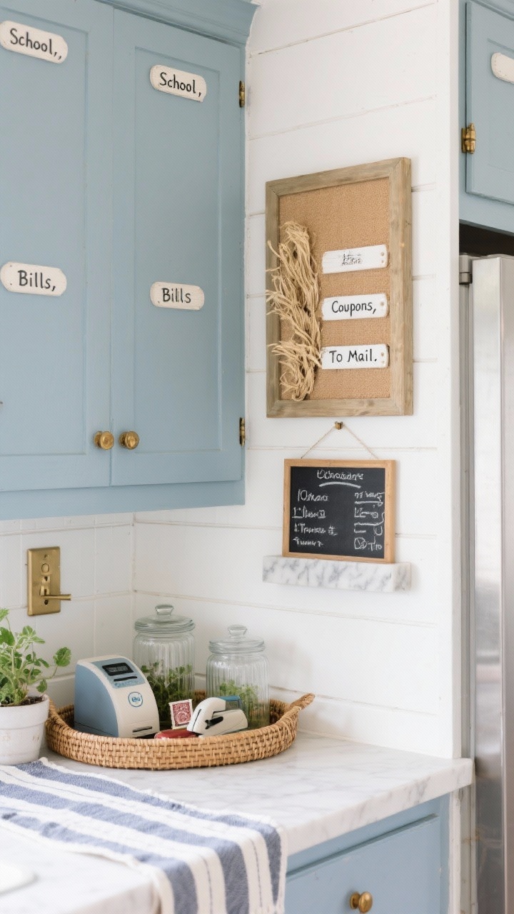 Medium shot of a coastal cottage kitchen command wall beside a fridge: blue-gray shaker-style wall files painted to match cabinets, labeled “School,” “Bills,” “Coupons,” “To Mail.” White tongue-and-groove paneling, warm brass hardware. A framed pinboard covered in natural seagrass fabric and a petite marble-ledged chalkboard with a weekly menu. On the counter, a woven tray corralling a label maker, stamps, and a stapler; glass canisters nearby, striped runner, small herb pots. Bright, breezy, coastal calm.