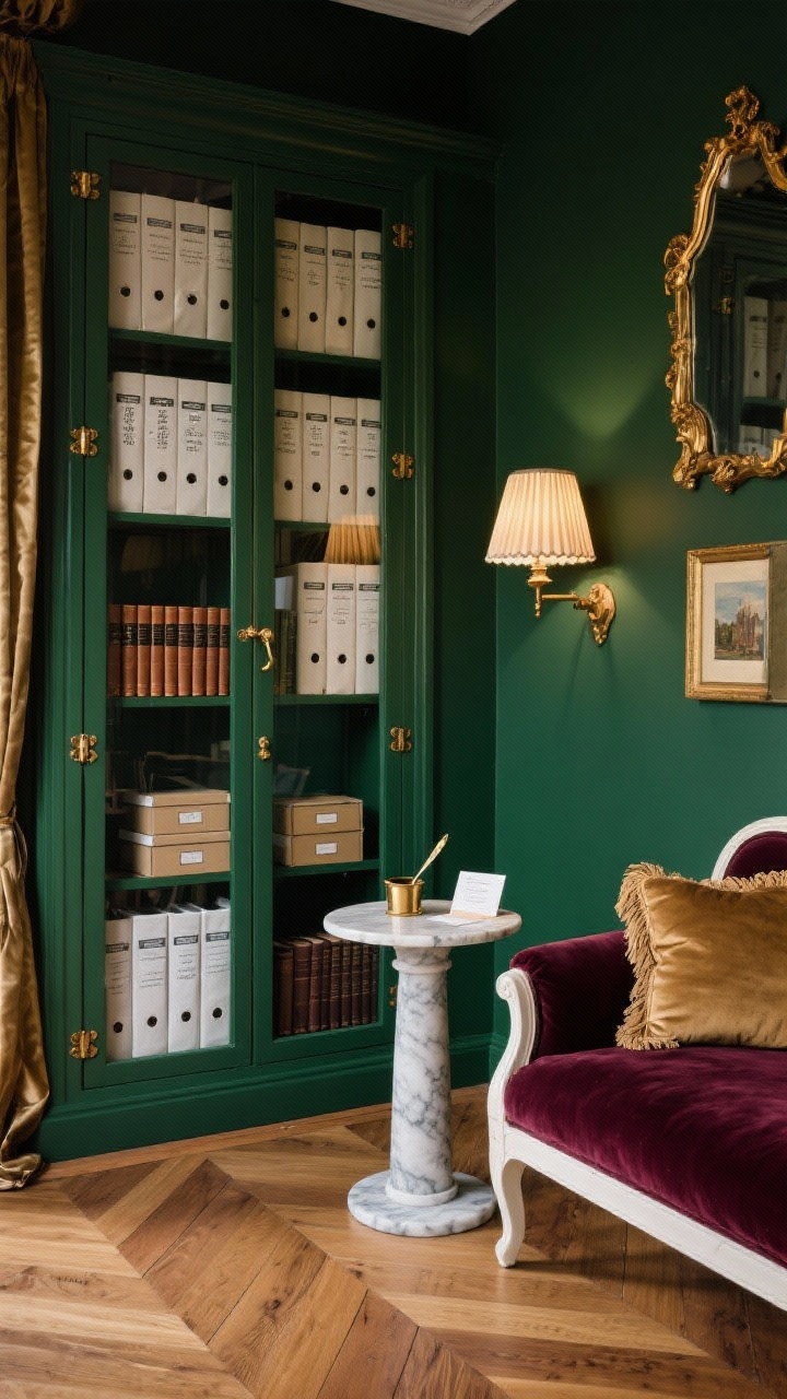Medium shot of a Parisian-inspired reading room: deep forest green walls, herringbone wood floors, velvet chaise in wine/ivory accents. A vintage-look glass-front armoire with brass cremone bolts showcasing neatly lined linen binders with spine labels and archival boxes; inside, slim leather-bound journals by category. Petite marble-topped pedestal side table with a brass letter opener and notecards; warm light from a pleated sconce. Decor includes gold-framed art, antique mirror, fringed velvet pillow, silk drapes. Moody, romantic, transportive.