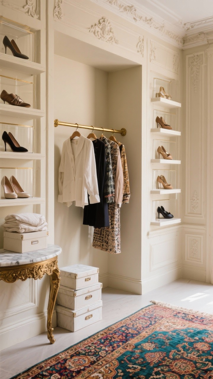 Medium shot of a Parisian-style dressing nook: antique brass clothing rails with curated garments, a wall of open shelving showcasing museum-like shoe displays, creamy beige walls with ornate molding details, a vintage Persian runner in jewel tones on the floor; a small marble-topped console holds stacked linen-covered boxes; soft, elegant daylight, boutique-chic atmosphere, photorealistic.