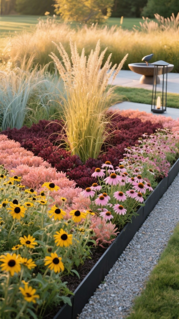Medium shot of a polished meadow-style planting bed with warm modern colors: gold, burgundy, coral, and soft pink; repeating triangular drifts—tall in center, lower edges; clumps of black-eyed Susans (Rudbeckia) for sunny structure, pink and white coneflowers (Echinacea) for height; interwoven ornamental grasses like switchgrass and little bluestem adding movement; matte black steel edging and a narrow decomposed granite path; sculptural birdbath and slim modern lanterns; late-afternoon golden light highlighting seedheads; clean, contemporary-meets-prairie vibe, no people.