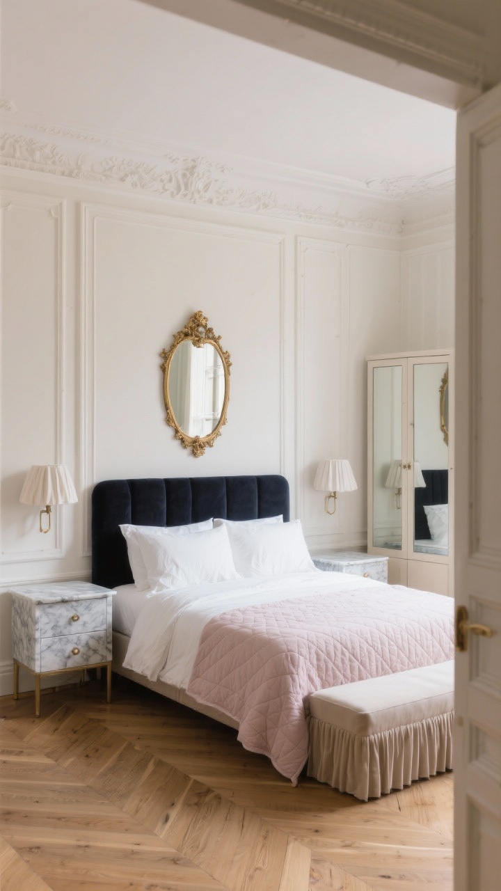 Medium shot, Parisian chic bedroom retreat: cream walls with classic molding, charcoal velvet headboard against light oak parquet floors; marble-topped nightstands with two drawers each and clear surfaces; a single gilded antique mirror centered above the bed; crisp white percale bedding with a thin blush quilt folded at the foot; pleated linen sconces mounted bedside; a storage bench at the foot of the bed and a petite armoire with mirrored doors reflecting light; elegant restraint, soft and romantic; photorealistic, slight angle from the doorway.