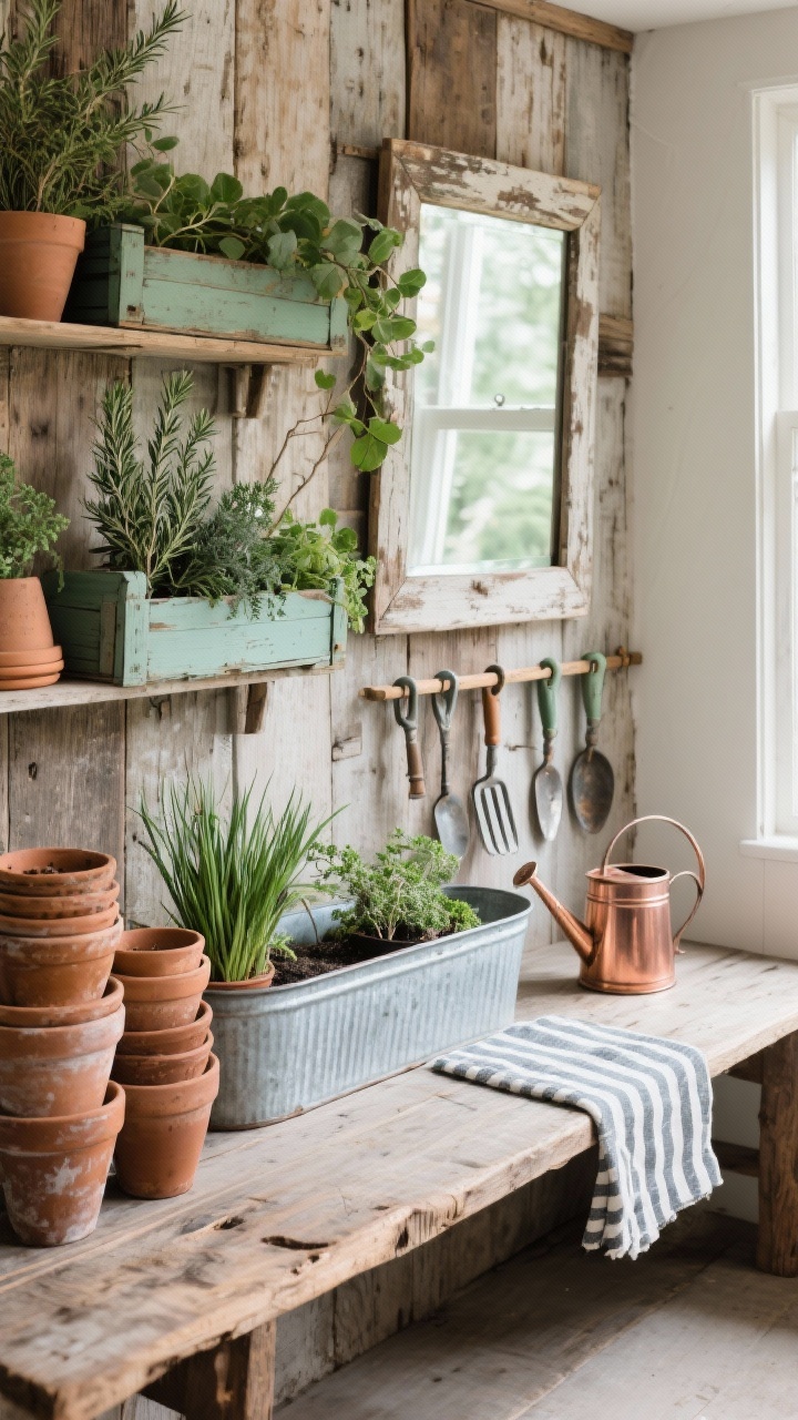 Medium shot, rustic potting corner: distressed wood mirror hanging above a galvanized trough converted into a potting bench; stacks of clay pots, copper watering cans, and herbs (rosemary, thyme, chives) tucked into vintage crate shelves; muted greens—sage, celadon, eucalyptus—against rough timber walling; a simple striped runner across the bench, peg rail with neatly hung garden tools; soft side daylight bouncing off the mirror to brighten the work surface; photorealistic, tactile galvanized, reclaimed wood, and terracotta textures.
