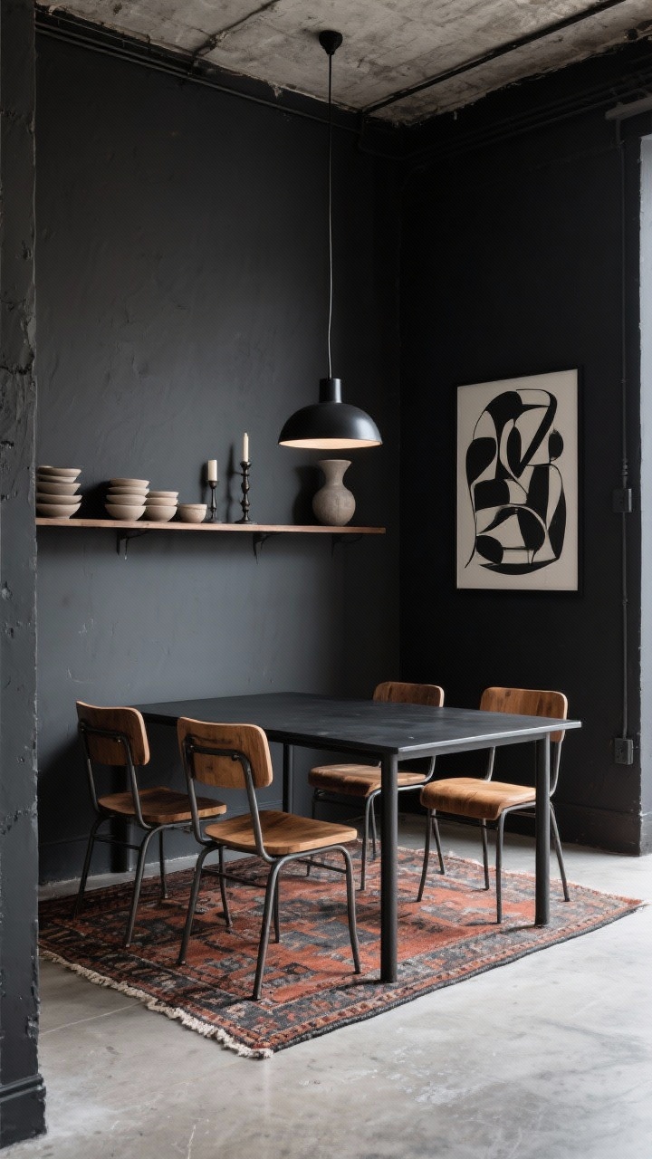 Medium shot, Urban Industrial Loft Dining Nook: Charcoal-painted walls frame a rectangular black metal dining table with four vintage wood-and-metal cafe chairs; a matte black linear pendant hangs above, casting moody, directional light; concrete floor partially covered by a low-pile kilim rug in rust and slate; a long wall shelf displays stacked stoneware bowls, an iron candleholder, a sculptural vase, and a bold abstract print; textures of concrete, powder-coated metal, and reclaimed wood; urban, dramatic, refined tone; photorealistic, straight-on view.