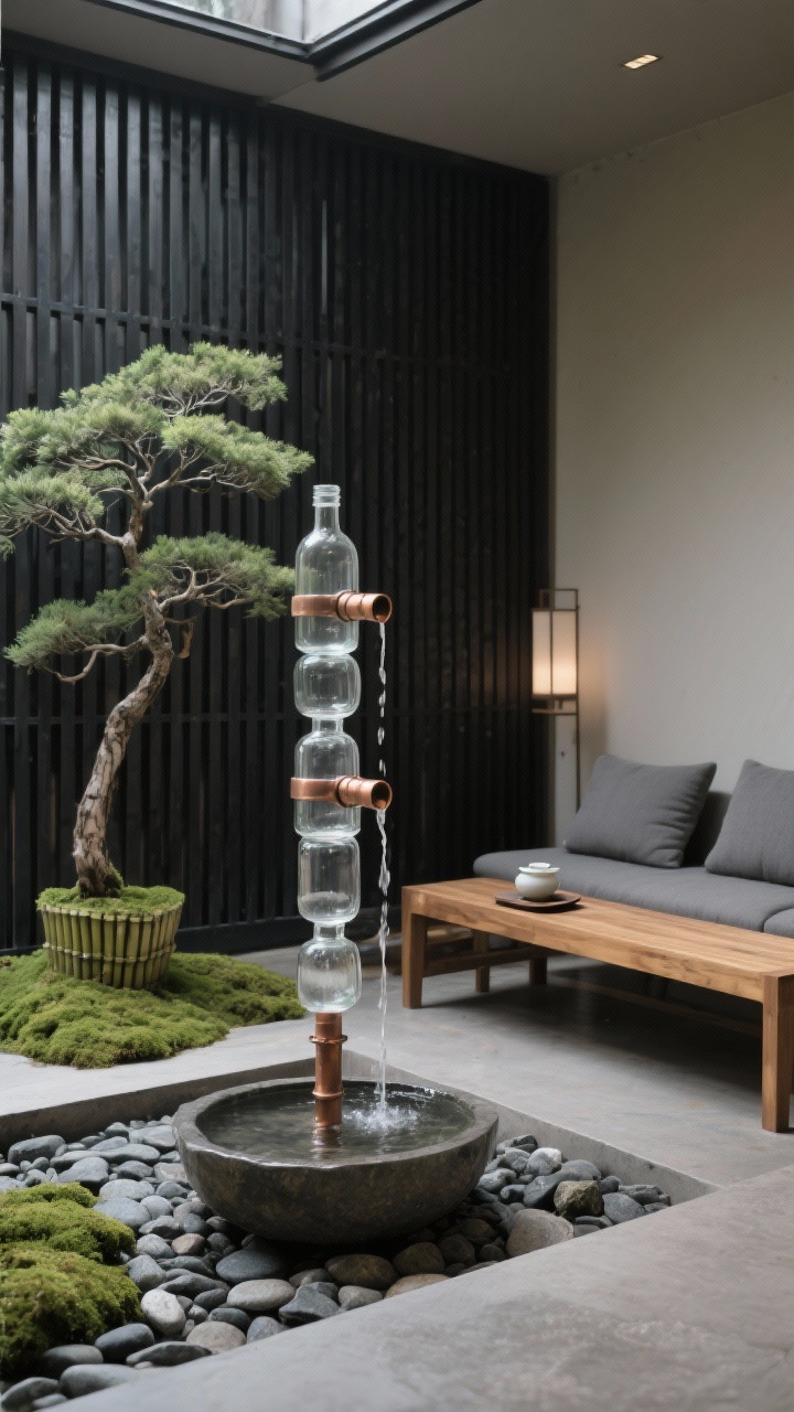 Medium shot, zen fountain nook: a stacked glass bottle water feature composed of translucent clear and smoke bottles threaded on a concealed copper tube, water gently trickling bottle-to-bottle into a pebble river-stone basin. Backdrop of a charcoal slat screen, a single Japanese maple with mossy groundcover, and a teak bench with slate-gray cushions; a bamboo planter and a simple tea set on a low side surface. Soft, spa-like lighting; color palette charcoal, slate, moss, clear/smoke glass; photorealistic.