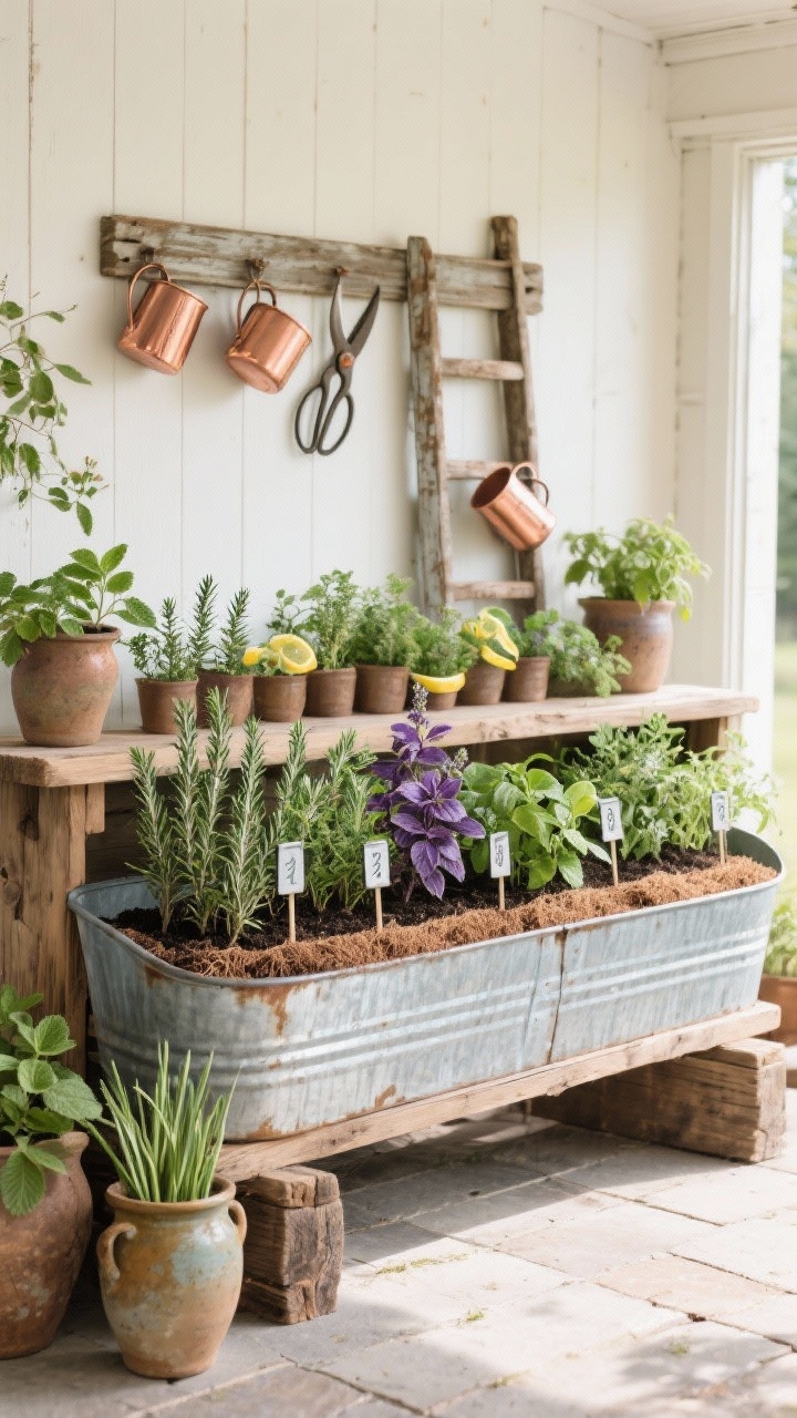 Medium straight-on patio scene: a vintage galvanized feed trough on a reclaimed wood stand converted into an herb bar, interior lined with coconut coir and rich soil; dense rows of rosemary, thyme, lemon verbena, and purple basil labeled with metal plant markers; surrounding antique earthenware crocks holding mint and chives; salvaged barn ladder on the back wall hung with copper mugs and garden shears; materials of galvanized steel, worn wood, and copper; farmhouse-fresh vibe, soft afternoon light, no people, photorealistic.