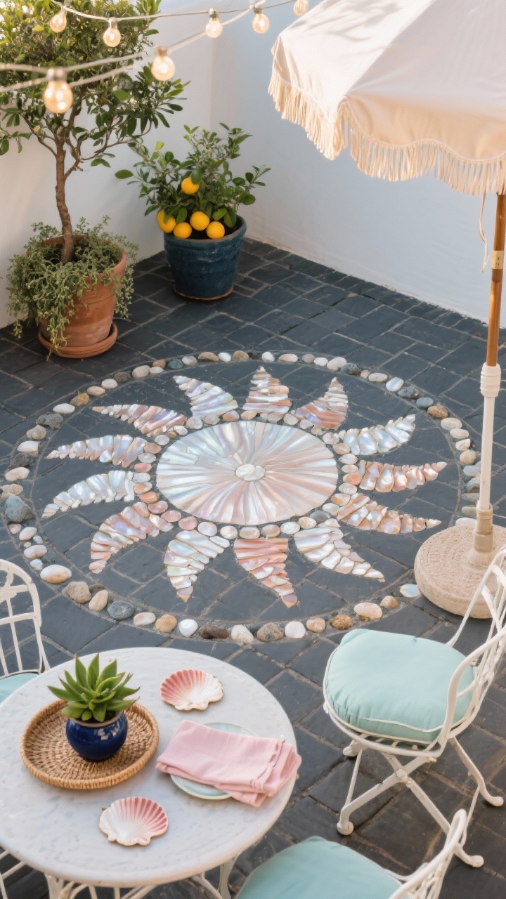 Medium, straight-on patio scene focused on a shell mosaic inlay: matte charcoal paver patio with a radiant sunburst made from tiny scallop shells, crushed mother-of-pearl, and rounded pebbles; white metal café chairs and a round ceramic bistro table with cushions in seafoam and coral; a fringed umbrella casting soft shade for a vintage seaside vibe; potted citrus trees, thyme spilling over terracotta, and a jade plant in a navy ceramic pot; decor includes shell-shaped coasters, a woven tray, and blush linen napkins; warm string lights draped in gentle scallops overhead; sunlight catching the pearlescent shell inlay; photorealistic, no people.