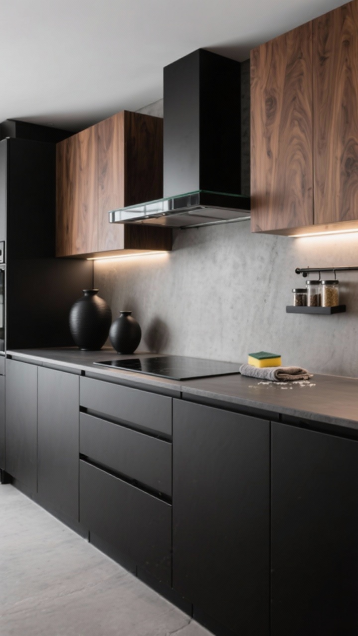 Medium, straight-on shot of a modern matte-black kitchen: matte black lower cabinets with thin black bar pulls, warm walnut uppers, thin-edge concrete-look countertops, and linear LED under-cabinet lighting creating crisp highlights. A black stainless range hood above a seamlessly integrated glass cooktop sits near a slimline magnetic spice rail. Include a slightly damp melamine sponge and microfiber towel staged beside the cooktop. Lighting is cool, architectural, minimal decor with matte ceramic vases.