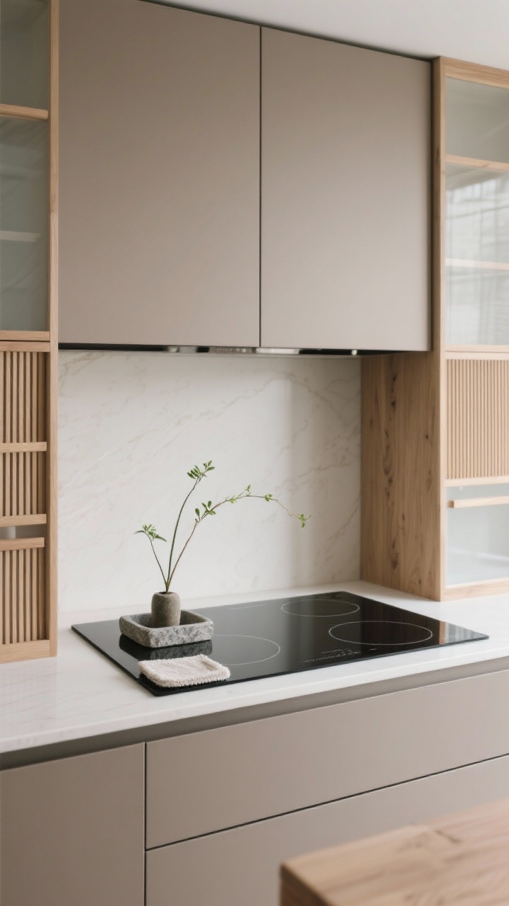 Medium, straight-on Zen composition in Japandi style: taupe flat-panel cabinetry with integrated pulls, pale ash wood elements, ribbed wood panels flanking a flush-set glass cooktop on a pale porcelain slab. A slim black profile around the cooktop, a single ikebana stem in a stone tray. Soft, even natural lighting, minimal seams. On the cooktop, a thin layer of ceramic cooktop cleaner hazed and a microfiber pad polishing in circular motion; finish is serene with a gentle protective sheen.