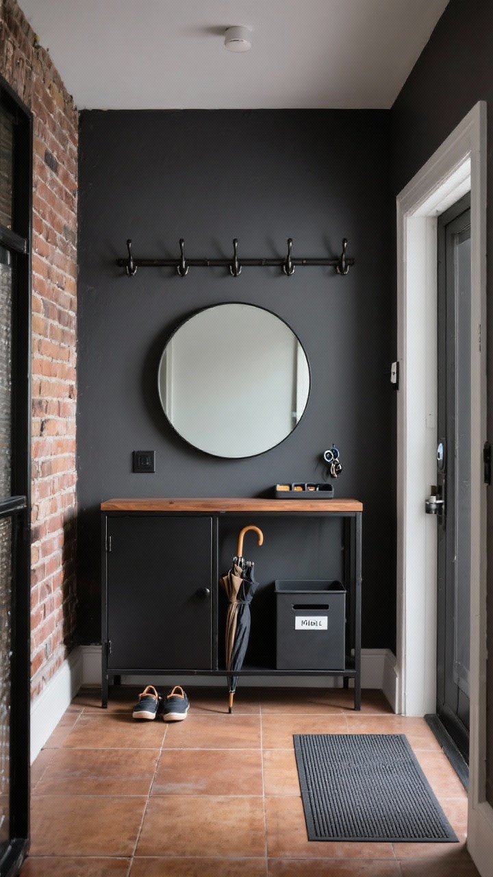 Medium, Urban Industrial Entryway: a straight-on view of a charcoal accent wall, warm brick or brick-look tile floor. A black metal console with solid wood top sits beneath a round oversized mirror reflecting light. Wall-mounted industrial hooks line the wall with a closed shoe cabinet below. Accessories include a ribbed doormat, slim umbrella stand, a charging tray for keys and tech, and a labeled drop bin for mail. Crisp, functional atmosphere, photorealistic, no people.