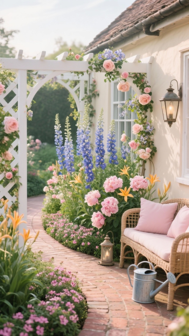 Medium view of a romantic cottage garden wing along a curved brick path; palette of rosy pinks, creams, and soft blues; mid-layer filled with peonies and daylilies, tall delphiniums as dramatic spires; front edging of hardy geraniums ruffling the path; a white-painted trellis framing the view with climbing roses and clematis; wicker bench cushions, an enamel watering can, and vintage-style lanterns as accents; soft morning light with gentle shadows; lush but tidy, no people.