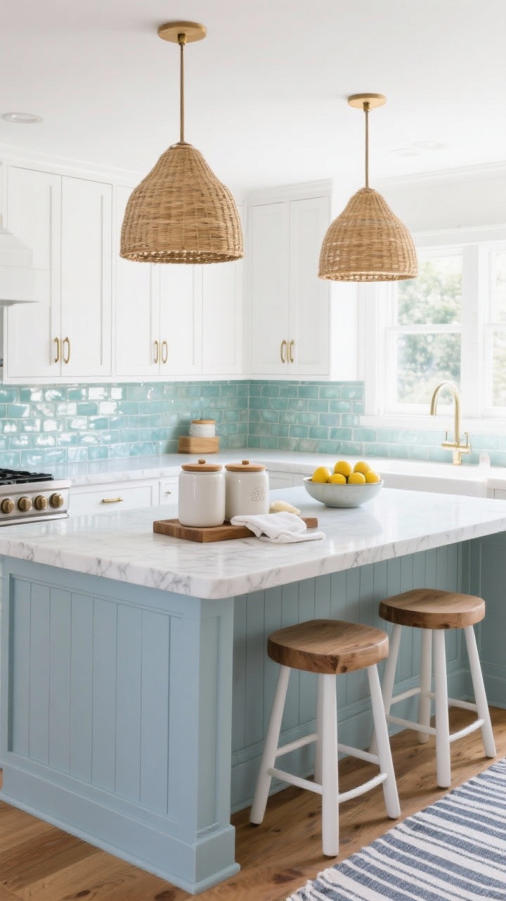 Medium-wide, Coastal Fresh Kitchen: crisp white shaker cabinets with matte brass pulls, a soft blue-gray island with white oak barstools, and a glossy sea-glass subway tile backsplash reflecting light. White quartz countertops with delicate veining, minimal styling with lidded ceramic canisters and a wood riser holding soap and a hand towel. Two rattan dome pendants overhead, a striped cotton runner on the floor, and a single lemon-filled bowl on the counter. Bright, breezy morning light, photorealistic, no people.
