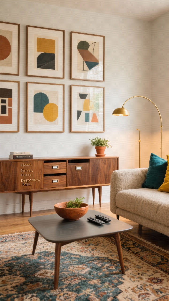 Medium-wide living room scene in mid-century modern style: a walnut low credenza with tapered legs beneath a gallery of framed geometric abstracts, concealing letter-sized file drawers with category dividers labeled “Home,” “Finance,” “Kids,” “Keepsakes.” Textured oatmeal sofa with mustard and teal pillows; low-pile Persian-style rug under a sleek coffee table. A brass arc lamp curves over a cozy reading chair; a ceramic bowl holds remotes, terracotta planter with greenery. Warm, curated, cozy lighting.