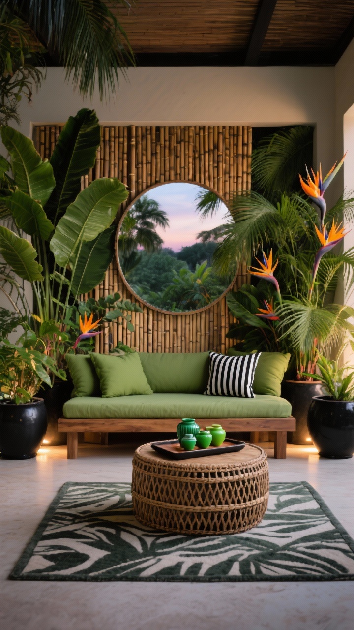 Medium-wide tropical retreat: oversized round mirror mounted on a bamboo screening panel; lush surround of monsteras, birds of paradise, and palms in matte black planters; a low acacia daybed with jungle-green cushions and a black-and-white stripe bolster; woven drum side table with a tray of bright ceramics; emerald, inky black, and warm bamboo palette; subtle uplights tucked in planters for dramatic foliage highlights at early evening; photorealistic, resort vibe, no people.