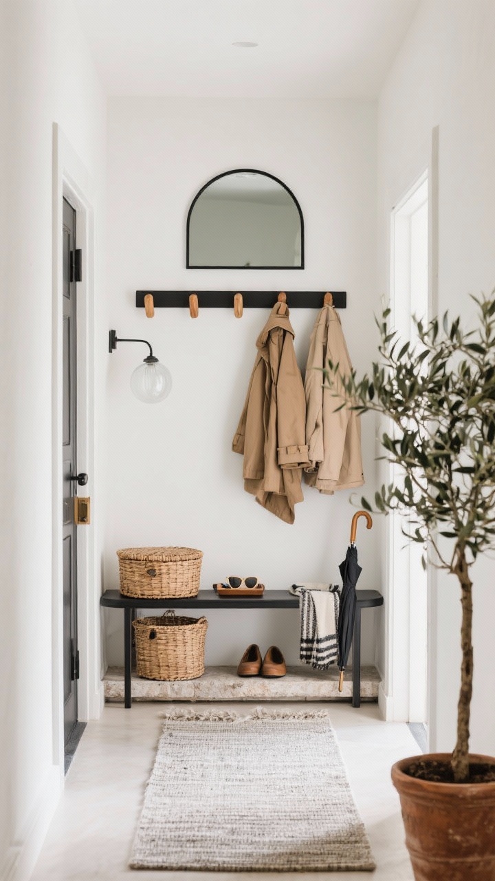 Narrow entryway, straight-on view: A serene entryway capsule with a black metal wall-mounted console shelf floating over a slim stone shoe tray. Above, a large arched mirror reflecting soft light. A short row of five oak peg hooks holding a couple of neatly spaced coats. A lidded cane basket tucked beneath the console for scarves and umbrellas. Include a small tray for keys and sunglasses on the console, a slim wall sconce with a frosted globe, a washable runner rug, and a potted olive tree in a clay pot to one side. Soft white, black metal, oak, and natural cane palette; bright, calm ambiance; no people.