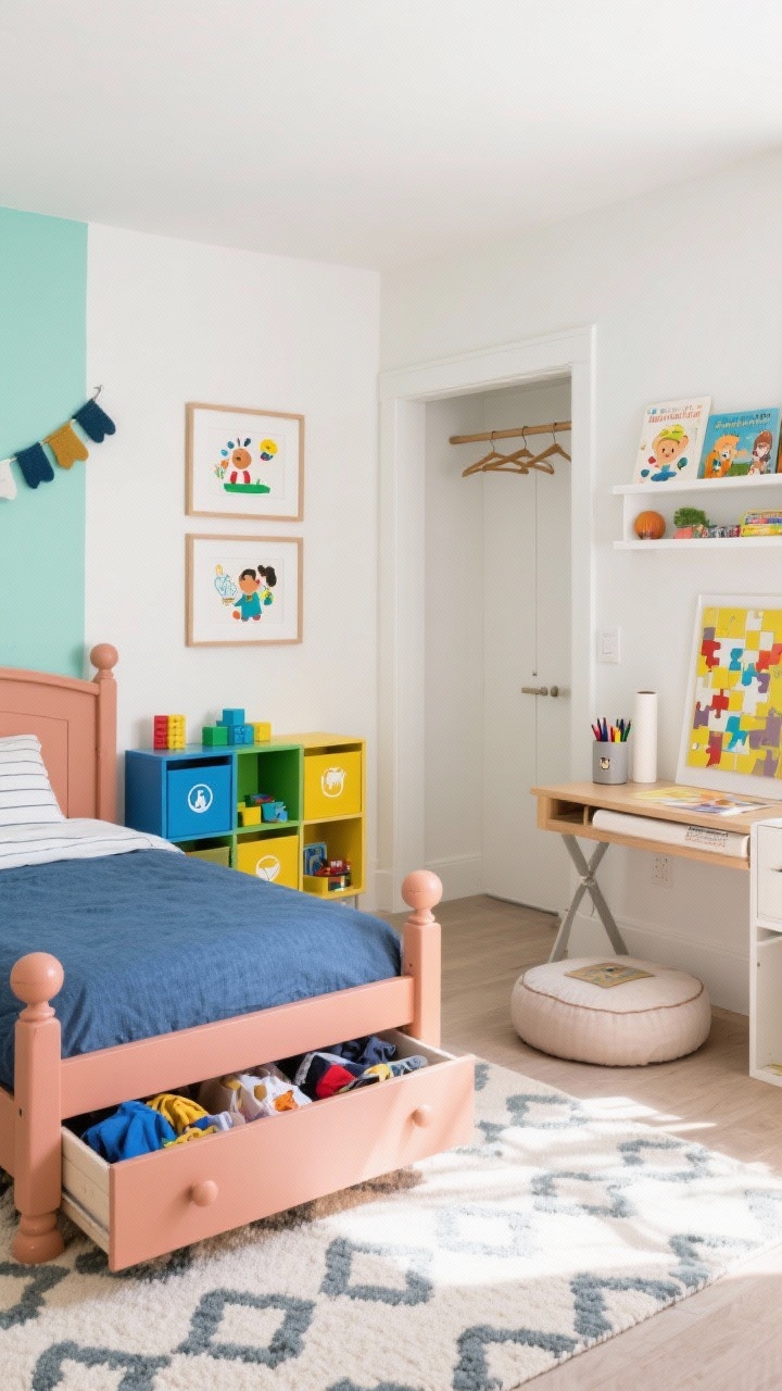 Overhead/angled medium shot: playful yet tidy kids’ room with warm white walls and a painted color-block behind the bed (denim and mint or clay and blush), captain’s bed with deep drawers partly open showing clothes/costumes; along one wall, low cube shelving with color-coded bins—blue for blocks, green for crafts, yellow for puzzles—each labeled with simple icons; reading zone with front-facing display shelves holding picture books and a floor cushion; fold-down wall desk art station with paper roll and a lidded caddy for markers; closet with double hanging rods and a single high shelf for parent storage; joyful but contained decor: felt garlands, two framed kid-made artworks, patterned cotton rug; bright natural light, no clutter, photorealistic.