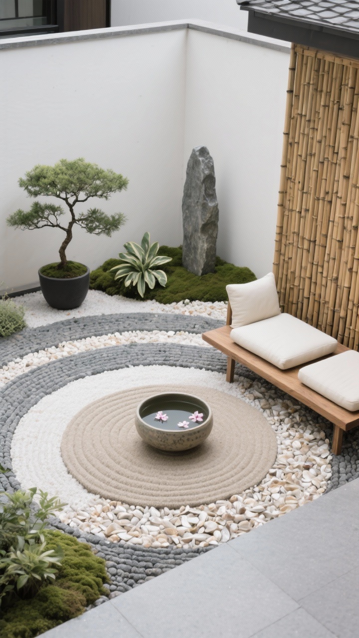 Overhead courtyard composition emphasizing patterns: a Zen-inspired layout of alternating concentric bands of crushed shells and fine pea gravel in stone gray, ivory, and sandy taupe; restrained plantings with a single dwarf Japanese maple in a charcoal planter, a small cluster of hostas, and a mossy corner; one upright standing stone as focal sculpture; low acacia platform seating with cream floor cushions; ceramic water bowl with a few floating petals and a bamboo screen for privacy; calm, minimal, meticulously raked textures; photorealistic, no people.