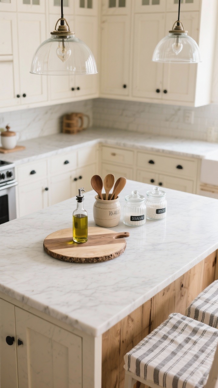 Overhead detail, Scandinavian Farmhouse Kitchen: A pale quartz countertop on a natural oak island styled with a round vintage cutting board holding an olive oil station, a ceramic crock corralling wooden spoons, and neatly labeled clear canisters; cream shaker cabinets with matte black hardware border the scene; oversized glass pendants reflected softly; a striped runner visible at the edge; textures of painted wood, quartz, clear glass, and linen; clean, cozy neutral palette; photorealistic top-down composition.